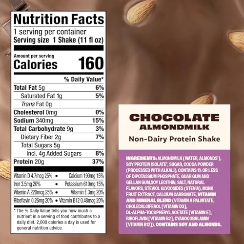 Image of Premier Protein Non-Dairy Almondmilk Protein Shake, 20g, Chocolate, 4 Pack | Plant-Based Protein, 160 Calories, 5g Sugar, Supports Muscle Health, Gluten-Free, 11 oz