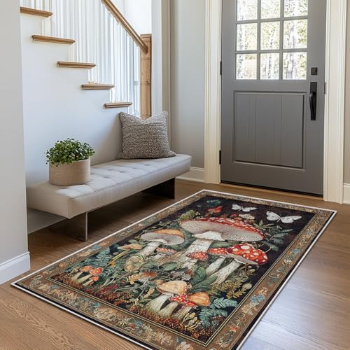 Botanical Mushroom Area Rug for Living Room Vintage Butterfly 3x5 Entryway Rug Modern Farmhouse Mushrooms Rugs Non Slip Low Pile Machine Washable Floor Carpet for Indoor Bedroom Dining Room Kitchen
