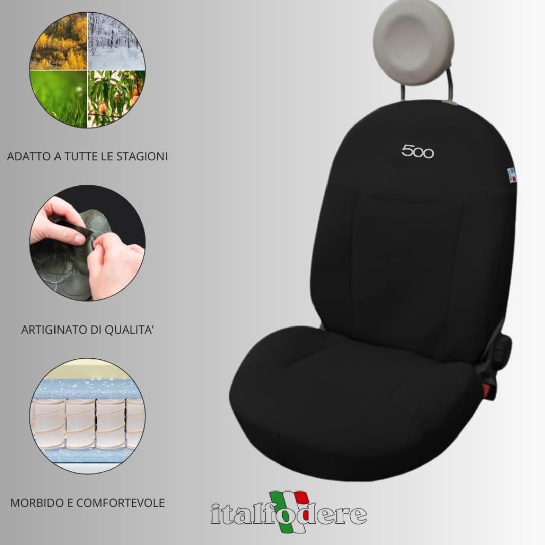 Italfodere - Coppia di Coprisedili Auto anteriori - Compatibili con Fiat 500 dal 2007 In poi- Fatti a Mano - Cotone - Gommapiuma e Poliestere - Accessori Auto Interno - Made in Italy - Diger Nero