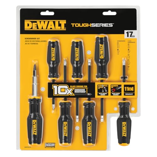 DEWALT TOUGHSERIES 17-Piece Screwdriver Set - PH1 x 3 in. two PH2 x 4 in. SL3/16 in. x 4 in. two SL1/4 in. x 4 in. and 11-in-1 multi-bit