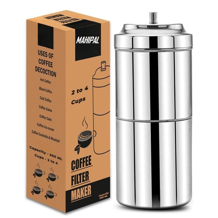 Image of Stainless Steel South Indian Filter Coffee Maker - 200ml, 2-4 Cup Capacity, Traditional Drip Brewer for Authentic Filter Kaapi - Durable, Easy to Use & Clean