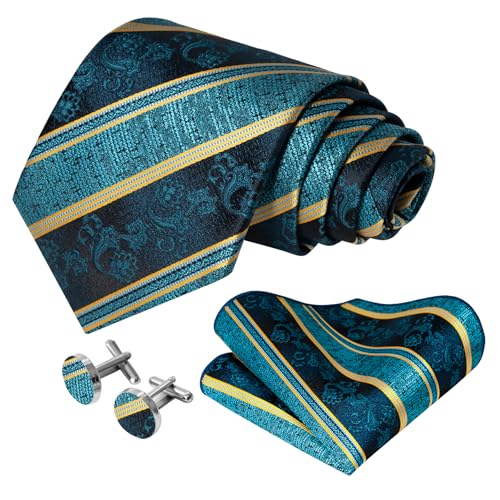 Image of 5PCS Mens Silk Designer Tie, Pocket Square, Cufflinks, Drilled Tie Ring and Lapel Pin Set for Wedding Groom Party