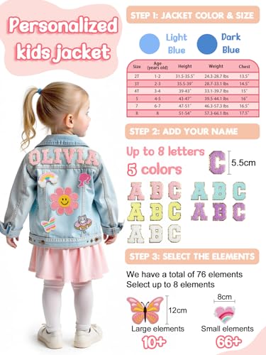 Personalized Kids Denim Jacket with Names - Girls Clothes for 1-8 Year Old - Back to School Gifts - Birthday Gifts for Toddlers Girls Boys - Custom Name Jacket with Cute Element Patches4