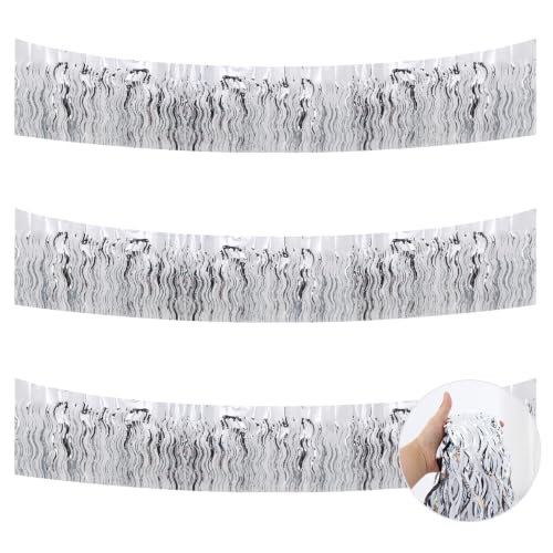 Image of BEISHIDA 3 Pack Silver Wavy Foil Fringe Garland 30ft Tinsel Wall Decor