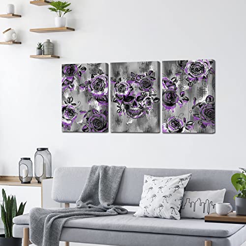 Rnnjoile Skull Art Wall Decor Purple Sugar Skull Canvas Picture Skeleton And Rose Painting Gothic Theme Bedroom Bathroom Decoration #TOP4