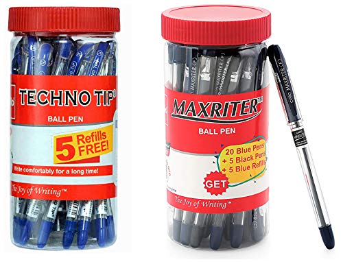 Cello Technotip Ball Pen Jar(Pack Of 20 Pens In Blue Ink With 5 Free Blue Refills)| Lightweight Ba & Cello Maxriter Ball Pens(Jar With 20 Blue Pens + 5 Black Pens + 5 Blue Refills)| Lightweight Ball