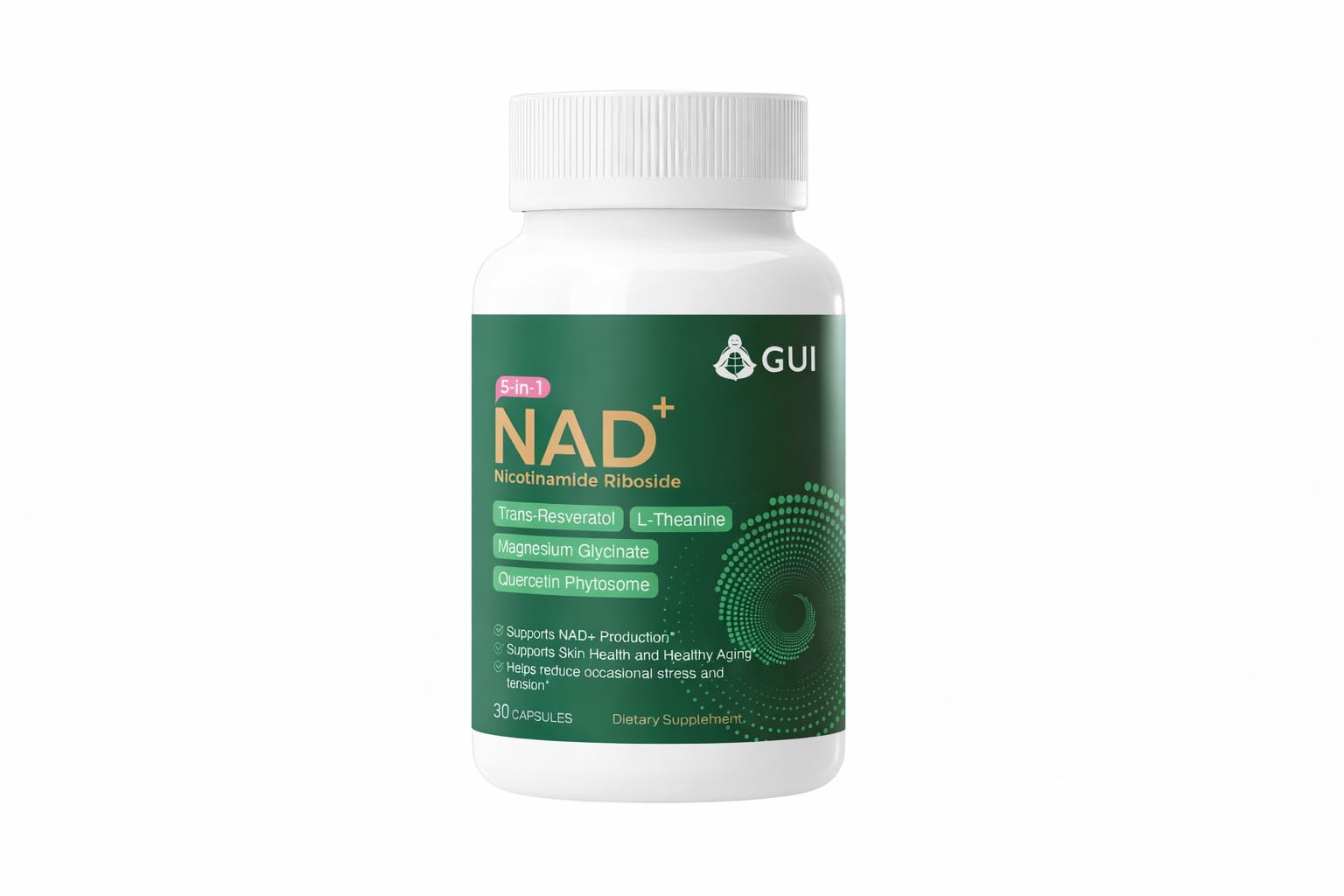 GUI Suplemento de NAD+ com ribosídeo de nicotinamida, resveratrol, L-teanina, glicinato de magnésio e quercetina fitossomal, 30 cápsulas