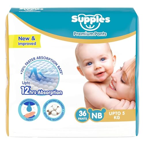 Image of Amazon Brand - Supples Premium Diaper Pants | for Newborn Babies | 36 Diapers | NB /XS | Up to 5 Kg | 12 Hrs Absorption | Cushiony Cotton Soft Fabric | Phthalates-Free | Triple Leak Guard