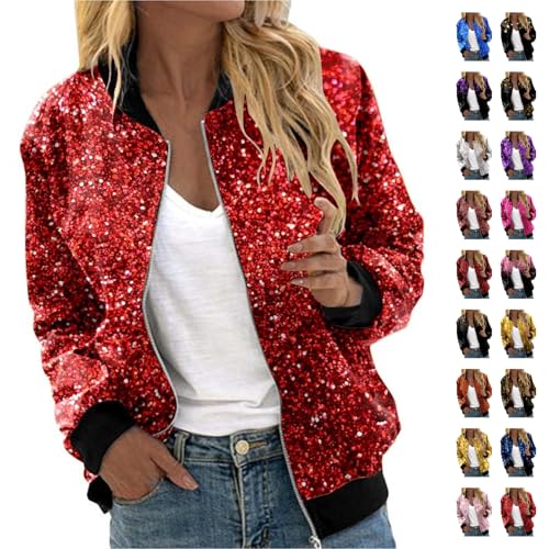 Veste bomber à paillettes pour femme - Veste bomber à paillettes - Coupe ajustée - Manches longues - Fermeture éclair avant - Manteau élégant et court - Tenue festive disco - Fête - Carnaval, Rouge