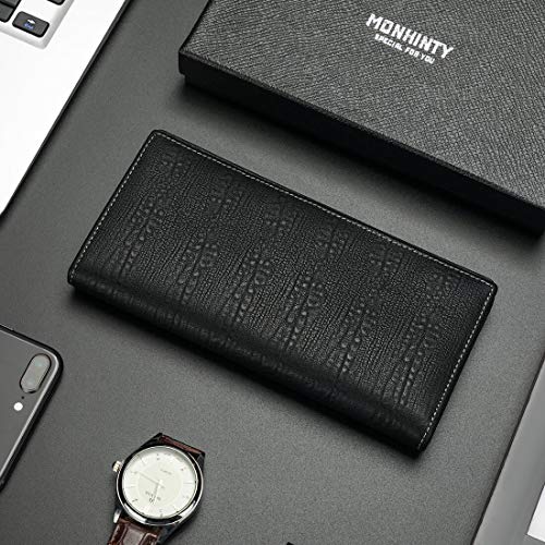 Men's Genuine Leather Multi-Card Long Bifold Wallet For Checkbook Black2