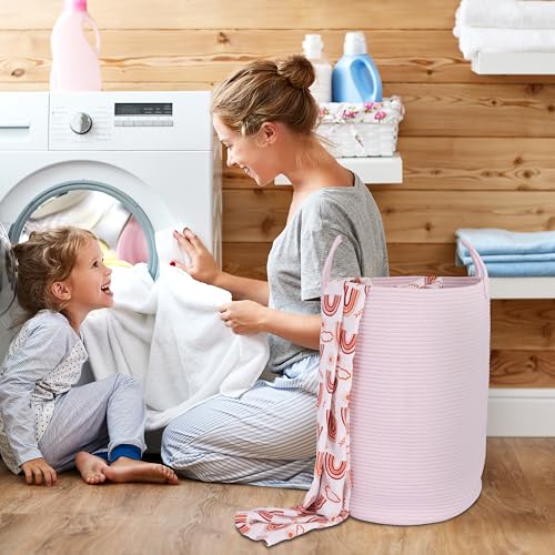 Image of XUANGUO Cotton Rope Laundry Basket Hamper for Clothes Large Light Pink