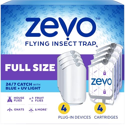 Image of Zevo Flying Insect Traps - Plug-in Indoor Fly Trap and Bug Light Trap Refill with Blue and UV Light - No-Mess Cartridge for House Flies, Fruit Fly Trap and Gnats (4 Plug-in Bases and 4 Cartridges)