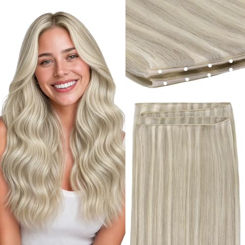 GOO GOO Butterfly Weft Hair Extensions Human Hair, Invisible Double Genius Weft, 17A/60A Ash Blonde Highlighted Platinum Blonde 14 Inch 100g, Flat No Bulk Easy Install at Home for Women