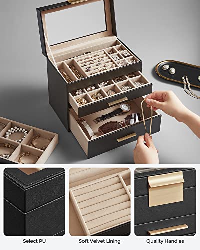 Songmics Jewelry Box With Glass Lid, 4-Layer Jewelry Organizer, 3 Drawers, For Sunglasses, Big Jewelry, Jewelry Storage, Modern Style, Graphite Black And Gold Color Ujbc161B02 #TOP3