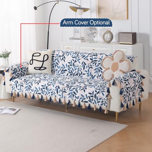 Image of HOKIPO Printed Holland Velvet Sofa Cover with Tassels for 3 Seater Sofa | Full Protection for Sofa Seat and Back | 'Whispers of Nature' (160x175 cm), Indigo Foliage (IN-1127-D10)