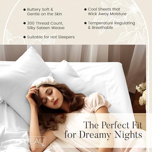 100% Organic Cotton Sheets Queen Size Bed Set, Deep Pocket Queen Sheet set, 300 Thread Count Cotton Bed Sheets, Naturally Cool Soft Breathable No Pill Elasticated Luxury White Bedding For All Seasons - Thumbnail 3