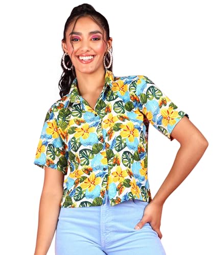 Image of POPWINGS Ethnic Printed Cotton Half Sleeves Regular Fit Crop Shirts for Women Stylish Western Casual Wear