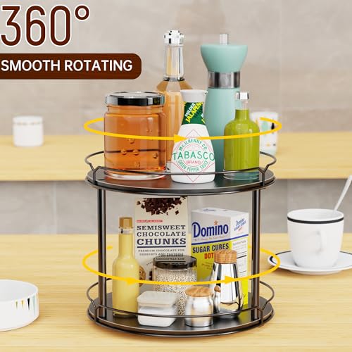 Image of Lazy Susan Organizer 2 Tier - 12.4 inch Turntable Spice Rack for Table Top, Wooden Rotating Lazy Susan for Cabinet Pantry Kitchen Countertop Dining Table Cupboard Bathroom Vanity Storage(Black)