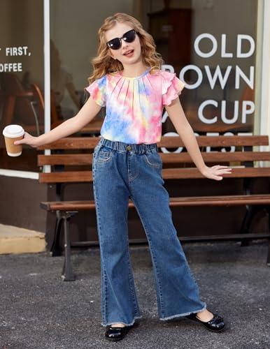Image of Arshiner Girls T Shirts Ruffle Short Sleeve Summer Pleated Crewneck Casual Tops Tees Blouses