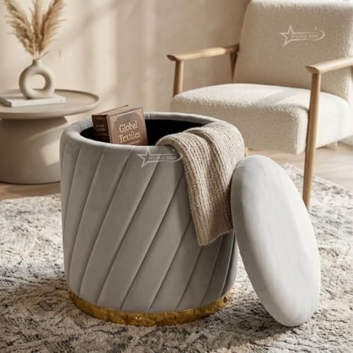 Image of Mythic ArtsRound Upholstered Sitting Stool & Footrest Velvet Storage Ottoman Pouffe13 X 13X 16 inch | Versatile Puffy for Living Room, Bedroom, and Office ? Chic Home Furnishings & Dcor Grey
