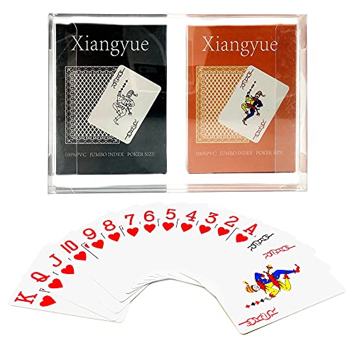 Xiangyue Plastic Playing Poker Cards, 2 Decks PVC Waterproof Playing Cards Jumbo Index with Case Flexible Classic Trick Cards Poker Size for Magic Props Pool Beach Texas Games (Black+Yellow)