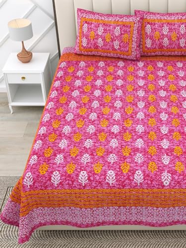 Image of RajasthaniKart 144 TC Pure 100% Cotton Double Bed Sheet with 2 Pillow Covers (Bedsheet for Double Bed Cotton, Pink Small Booty Jaipuri, King Size,5299)