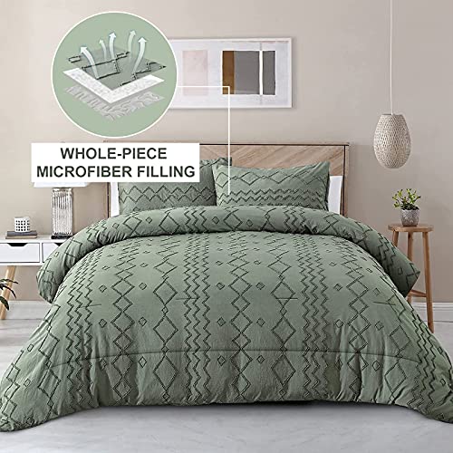 Green Tufted Comforter Set King Size (102×90 Inches), Boho Shabby Chic Comforter Geometry Embroidery Bedding Set 3 Pieces (1 Comforter + 2 Pillowcases), Soft Microfiber Comforter For All Seasons #TOP1