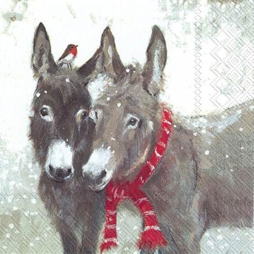 Set of 2 Individual Decoupage Paper Party Napkin Christmas Donkeys Winter Snow Bird Watercolor Decor Luncheon Napkins for a Birthday Holiday, Wedding, Cocktail Party