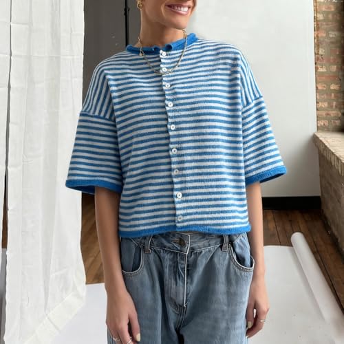 Image of Women Knitted Crop Cardigan Shirt Short Sleeve Button Down Ribbed Knit Crop Top Y2k Girls Outwear Top Tee Shirt