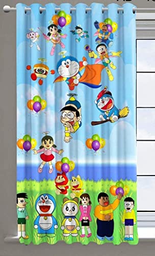 Image of 3D Digital Printed Heavy Fabric Doremon Cartoon Curtains for Kids Room, Girls Room Window, Door, Home, 4x7 feet Long Set of 3 Pc, Pink