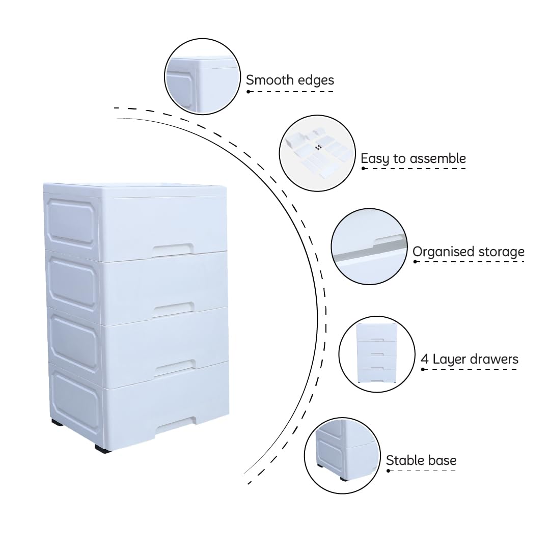 The Tickle Toe PP + HDPE Plastic Child-Safe Chest of 4 Drawers | Portable Kids Glossy Organizer & Storage Cabinet | Secure & Sturdy | Made in India | 51Lx33Wx82H cm | White 1