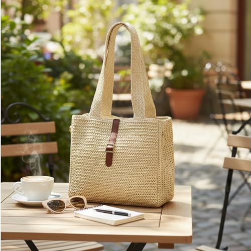 Sac de plage en paille beige avec grande sangle réglable