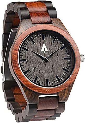 treehut Wooden Watch for Men with Adjustable Band and Stainless Steel Clasp – Japanese Quartz Analog Watch with Gift Box – Wrist Wood Watch Made from Ebony & Redwood Great Gifts for Men
