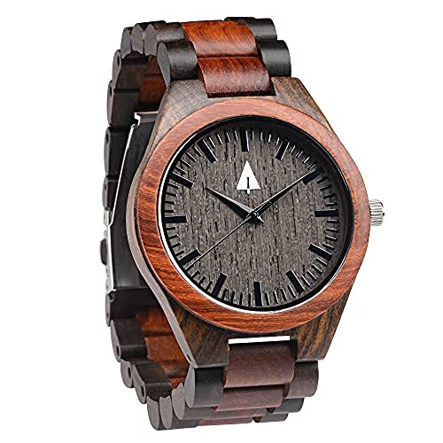 Treehut Wooden Watch For Men With Adjustable Band And Stainless Steel Clasp – Japanese Quartz Analog Watch With Gift Box – Wrist Wood Watch Made From Ebony & Redwood Great Gifts For Men #TOP2