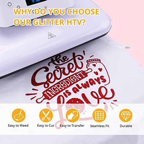 Image of HTVRONT Red Glitter Heat Transfer Vinyl, 10 inch x 5FT | Glitter HTV for T-Shirts, Iron on Vinyl, For All Cutter Machine