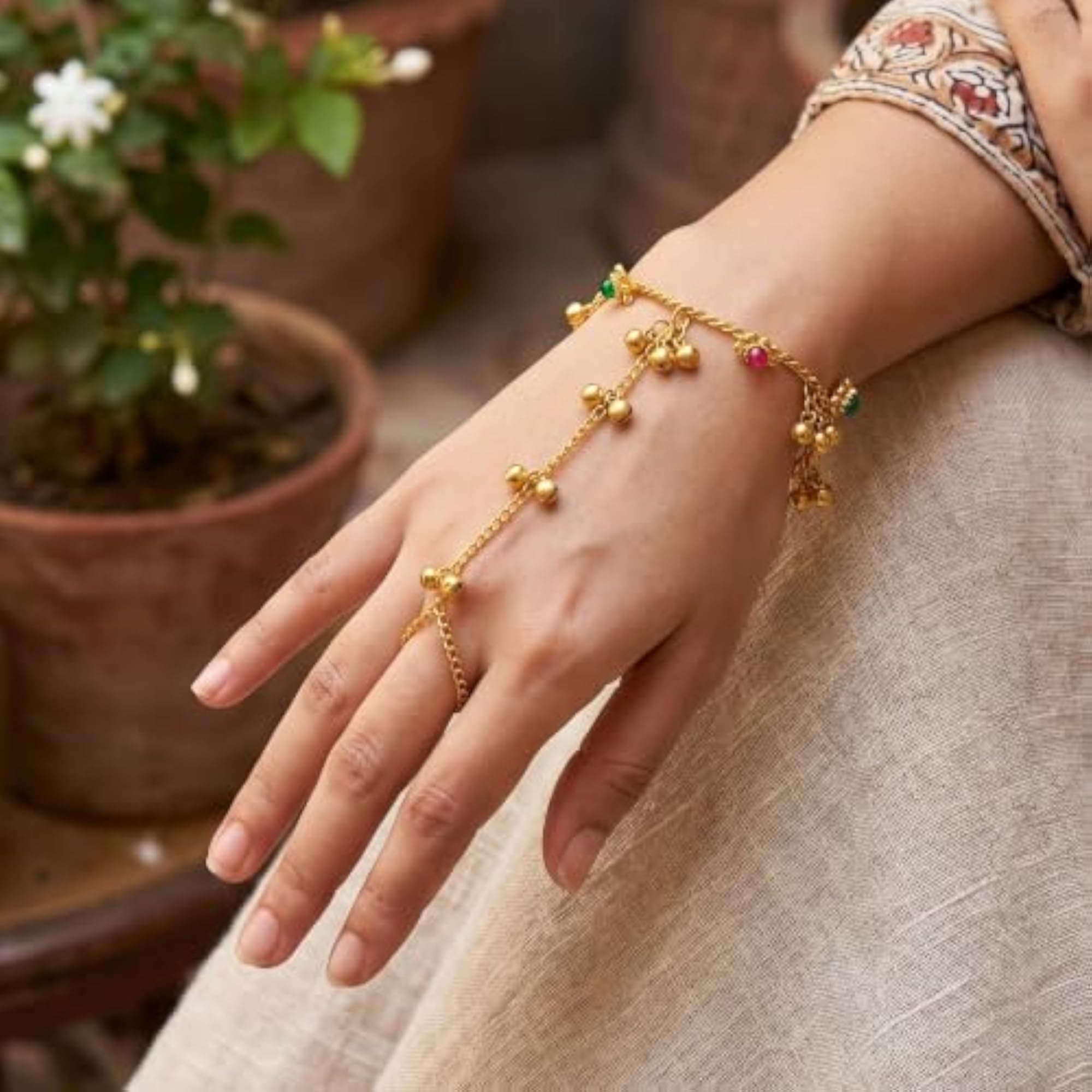 Handcrafted Kashmeri Ghungroo Bracelet with Multicolor Crystal Adjustable Hand Harness