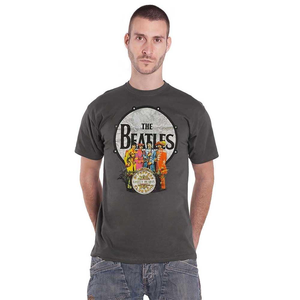 The Beatles Men's Charcoal T Shirt Sgt Pepper And Drumband Logo Official Grey Medium