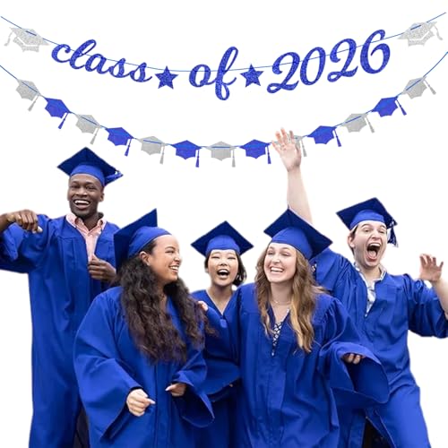 Image of Navy-Blue White Silver Graduation Party-Decorations Garland - 31pcs Congrats Grad Class 2026 Banner,Hat Hanging Streamers,College High School Congratulations Master Classroom Backdrop Decor Burgleda