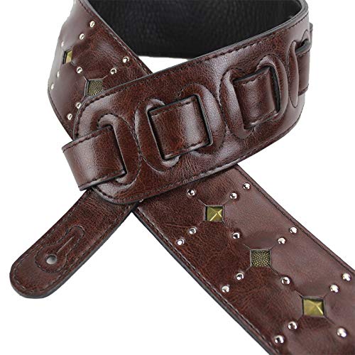 Walker & Williams Ge-227 Handmade Mahogany Brown Padded Guitar Strap With Inset Brass Studs & Silver Rivets For Acoustic, Electric, And Bass Guitars #TOP2