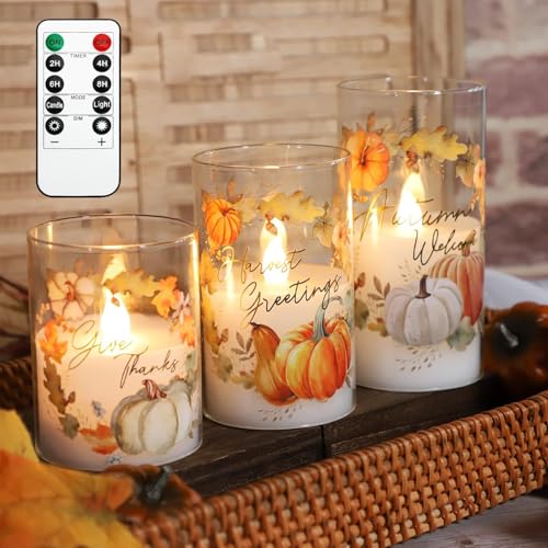 Image of Glass Flameless Candles Flickering Battery Operated with Remote Pumpkin Theme Farm House Realistic Pillar Candle for Fall Decor Havest Celebration Home Party, Set of 3