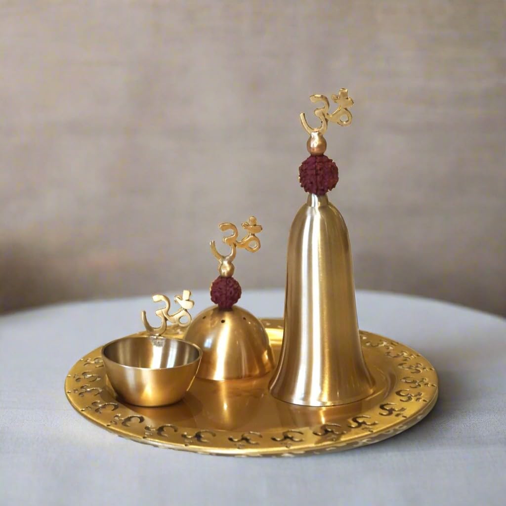 indiancraftsbykanika Brass Set of 4 Pieces om Pooja thali Set for Housewarming Pooja/Diwali