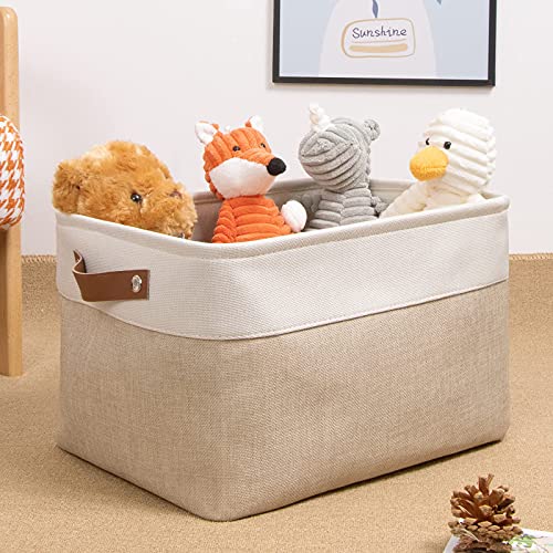 Image of DULLEMELO Fabric Storage Basket for Shelves /Closets, Collapsible Rectangle Basket for Organizing Clothes, Toys, Towels, Books, Laundry, Nursery, Dog Toy Basket Empty (White&Khaki)
