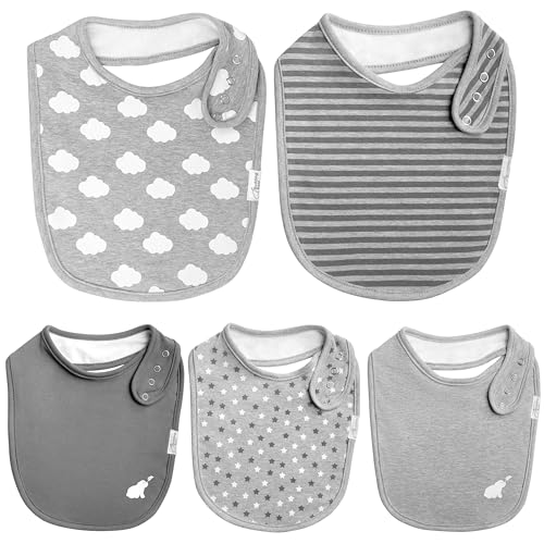Budding Bear Baby Lätzchen aus 100% Bio Baumwolle - Premium 5er Pack - Lätzchen mit Absorbierender Frottee Rückseite - Mädchen und Jungen Baby Latz - Graue Muster