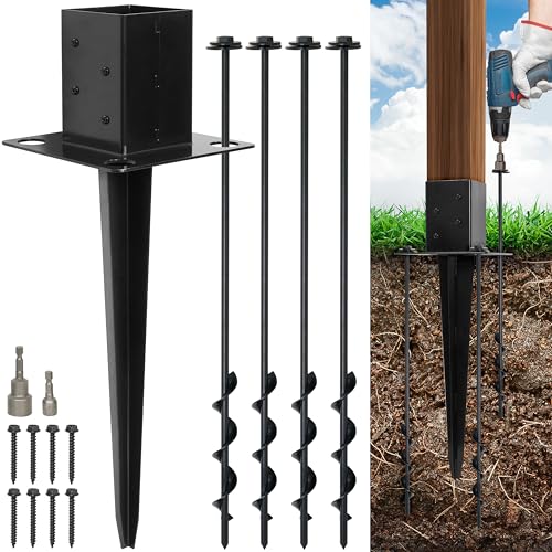 LADECH 4x4 Fence Post Anchor Ground Spike 24 Length with Ground Anchors Screw in - Metal Black Powder Coated Mailbox Post Anchors Fit 3.5x3.5 Standard (Black - 1 Pc)