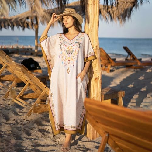 Image of Miss Lavish London Kaftan Dresses for Women Plus Size Long Batwing Sleeve Caftans, V Neck Moo Moo Printed Beach Cover Up Maxi Beach Dress, Bathing Suit Cover-Up Loungewear