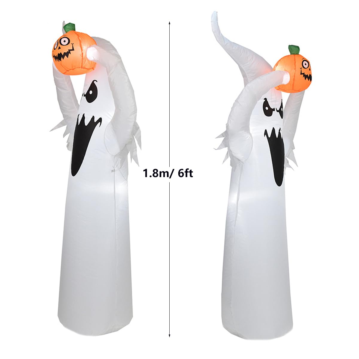 YUONNY 1,8m Décoration Gonflable Lumineux Halloween, Modèle Fantôme & Petite Citrouille Gonflable avec Lumières LED Intégrées, Ornements Halloween pour Jardin Pelouse Cour Intérieur Extérieur Fête