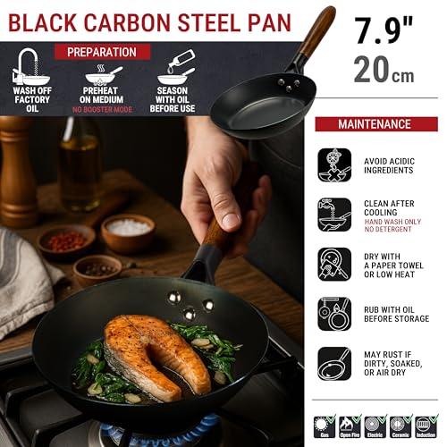 YOSUKATA Coating-Free Carbon Steel Frying Pan - Durable 20 cm Skillet for Healthy Cooking - Includes Removable Heat-Resistant Wooden Handle - Image 3