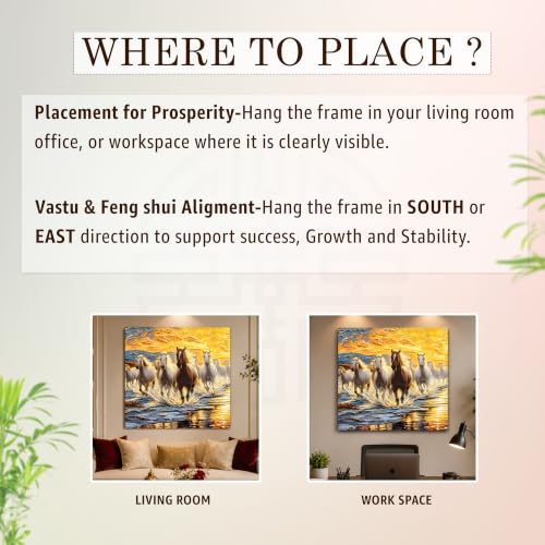 Image of PAINTINGMANTRA 9 Running Horses Vastu Framed Wall Art Painting For Living Room| Strength & Forward Energy Nine Horse Poster with frame for Wall, Decoration item for bedroom, 13x17.5 Inch