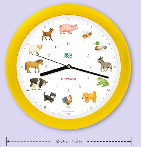 Kookoo Kidsworld Yellow, Wall Clock For Children With Natural Sounds, 12 Farm Animals #TOP2