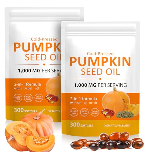 2 paquete de 300 cápsulas de aceite de semillas de calabaza, 2 en 1 para el crecimiento del cabello, prensado en frío, apoya el cabello, el corazón y la piel